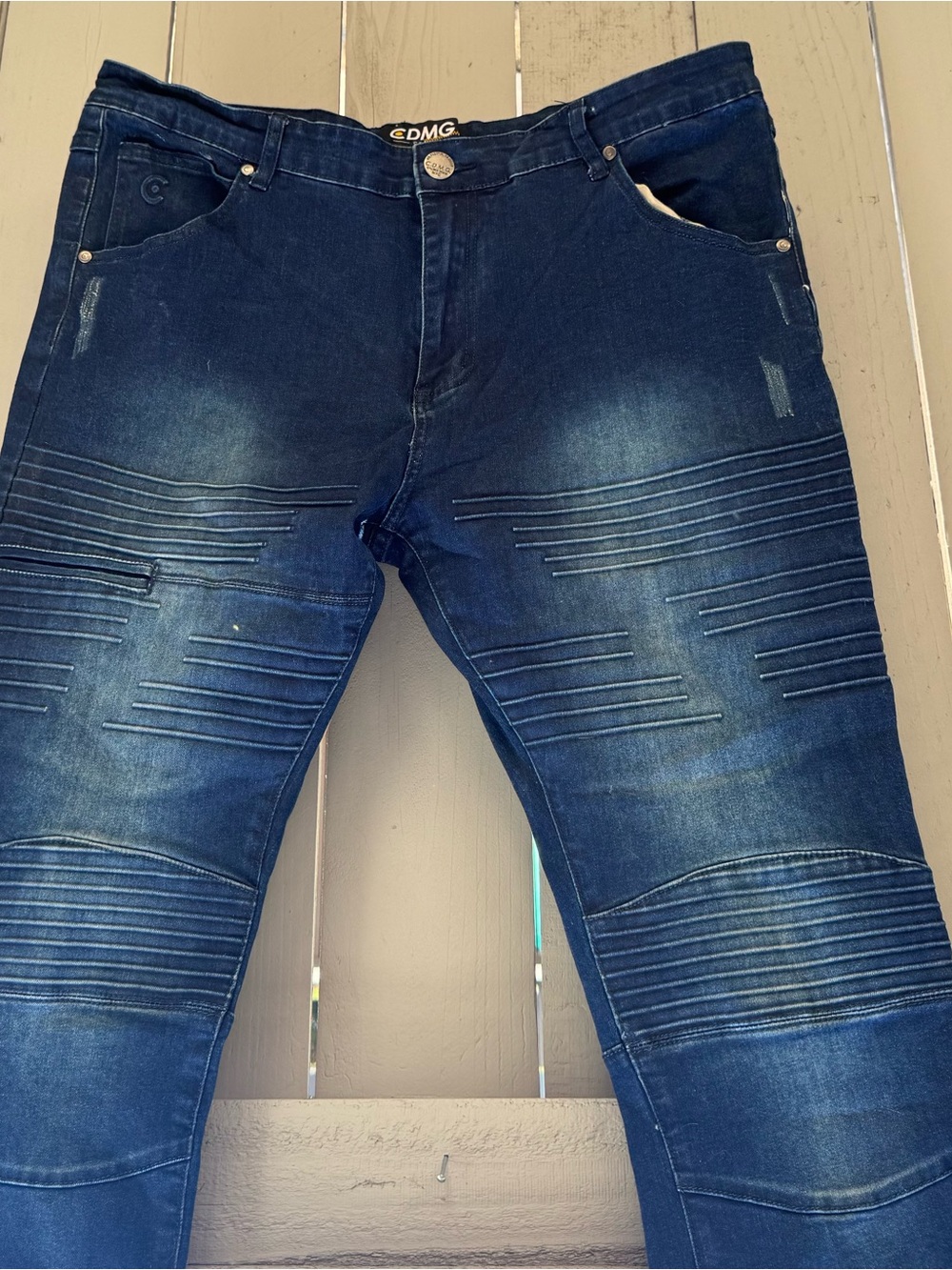 Men's Dark Blue Moto Ribbed Jeans Light Distress - 38x32